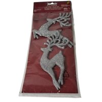 Glimmer-Hirsch 2er 15cm rot/silber z.H&auml;ngen beflockt auf Karte PA 1,79