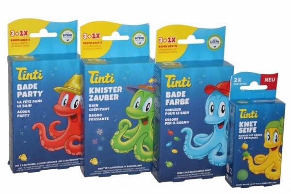 Tinti Badespaß Multipack 4 Sorten Badefarbe+Badeparty+Knetseife+Knisterzauber
